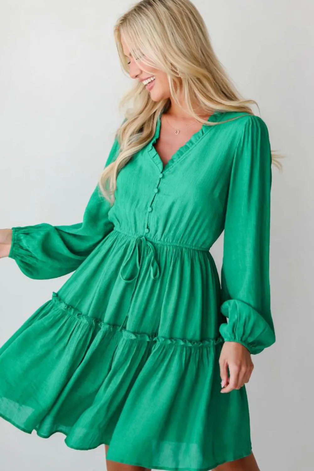 New Dear-Lover Frilly V Neck Puff Sleeve Drawstring Shift Mini Dress Sea Green