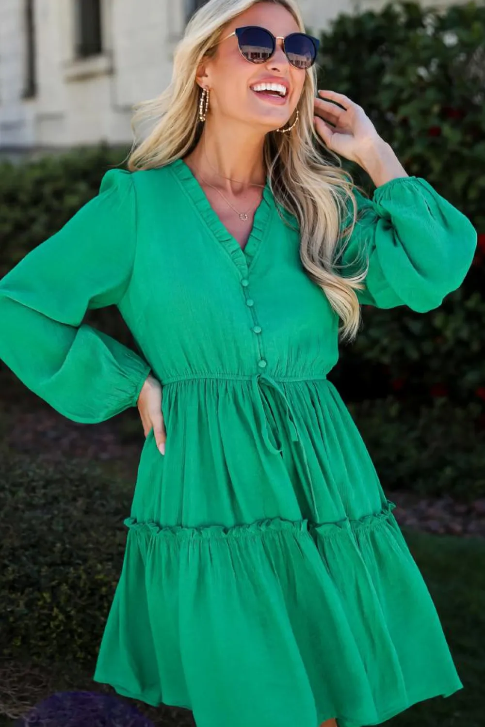 New Dear-Lover Frilly V Neck Puff Sleeve Drawstring Shift Mini Dress Sea Green