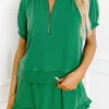 Hot Dear-Lover Half Zip Puff Sleeve Top and Ruffled Shorts Set Sea Green