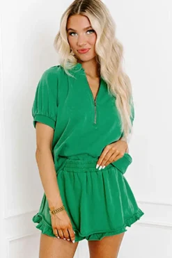 Hot Dear-Lover Half Zip Puff Sleeve Top and Ruffled Shorts Set Sea Green