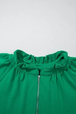 Hot Dear-Lover Half Zip Puff Sleeve Top and Ruffled Shorts Set Sea Green