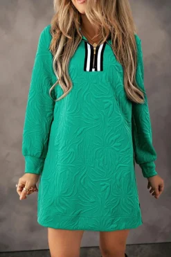 Discount Dear-Lover Jacquard Textured Quarter Zipper Shift Mini Dress Sea Green