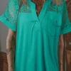 New Dear-Lover Lace Patchwork Split Neck Textured Short Sleeve Blouse Sea Green