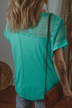 New Dear-Lover Lace Patchwork Split Neck Textured Short Sleeve Blouse Sea Green