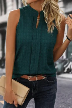 New Dear-Lover Lattice Textured Split Neck Tank Top Sea Green