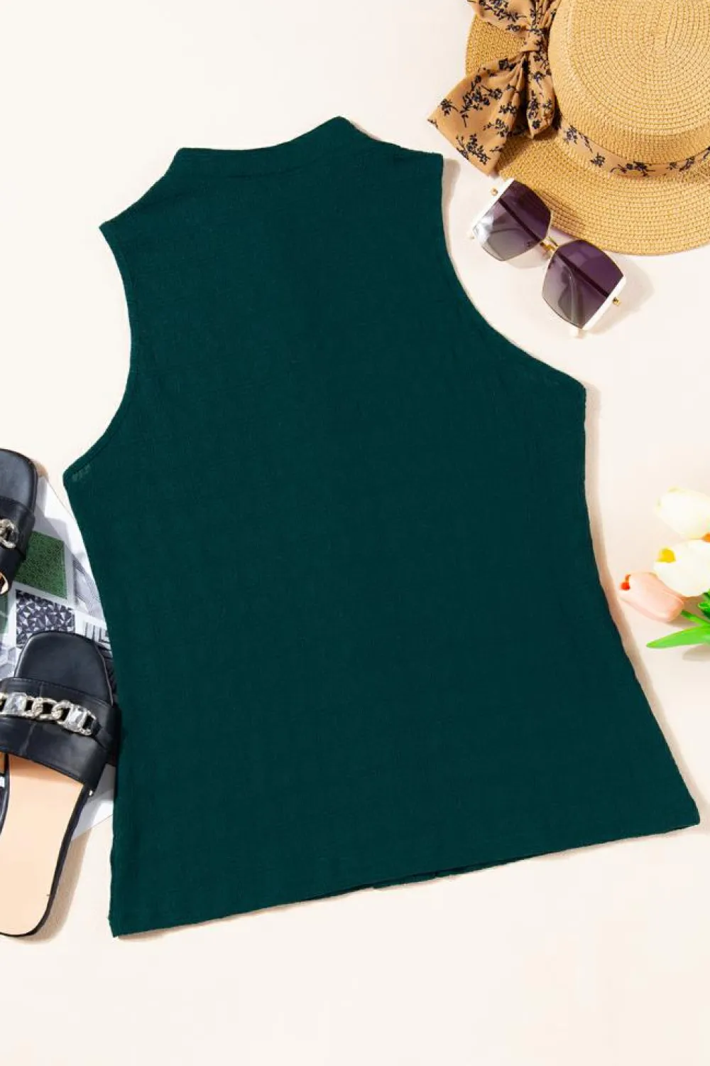 New Dear-Lover Lattice Textured Split Neck Tank Top Sea Green