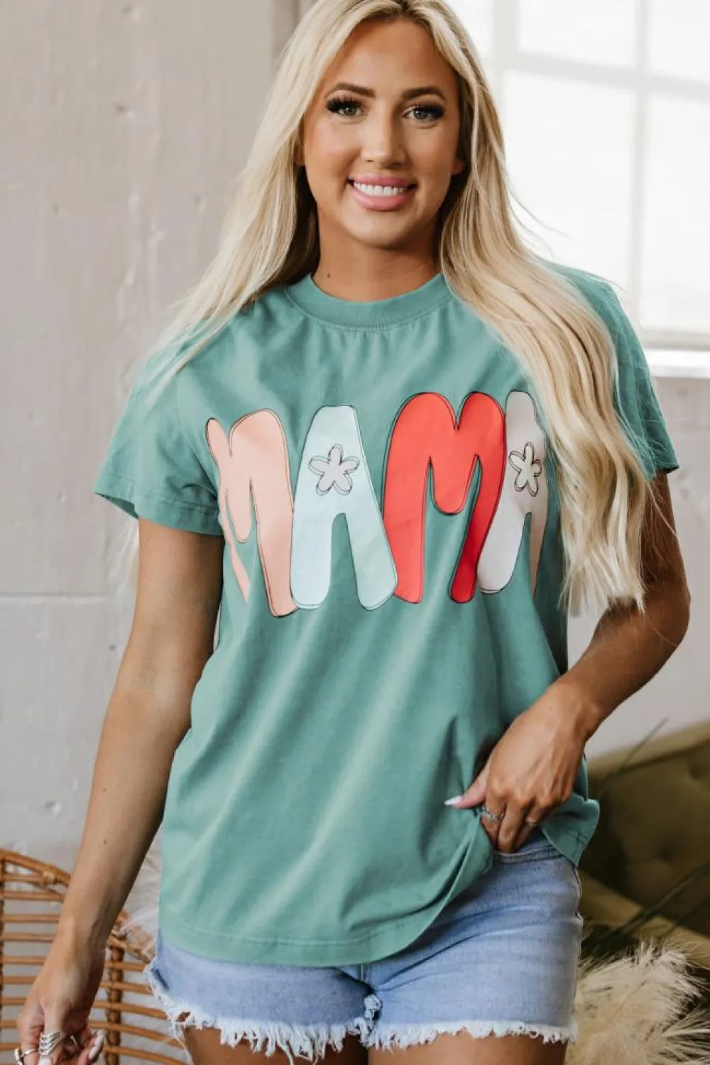 Fashion Dear-Lover MAMA Printed Mineral Wash Crewneck T Shirt Sea Green