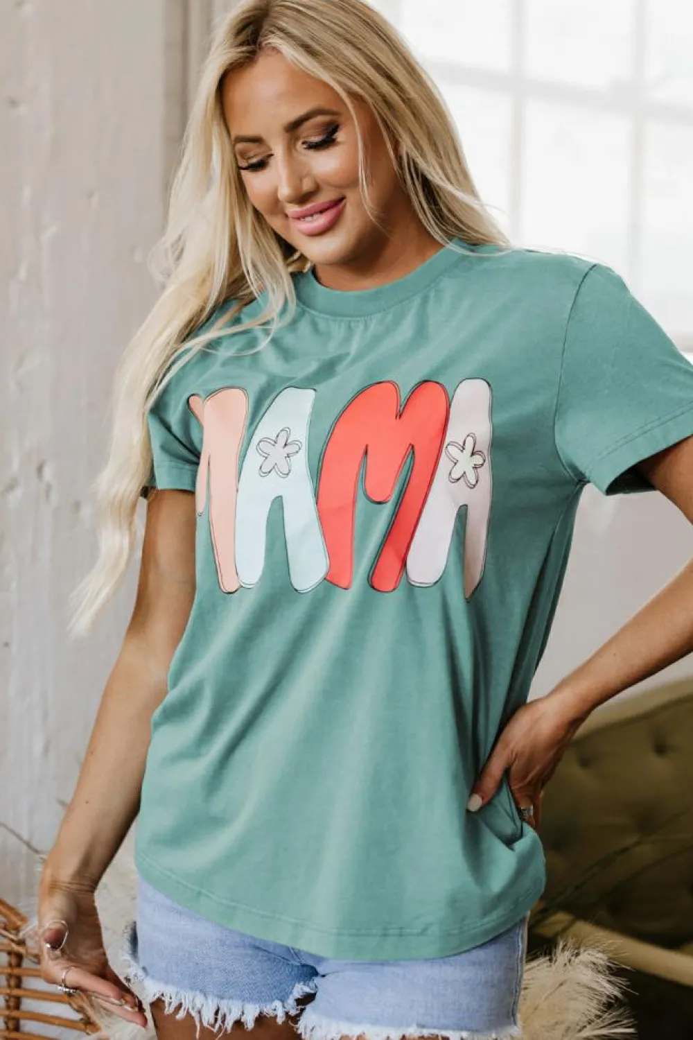 Fashion Dear-Lover MAMA Printed Mineral Wash Crewneck T Shirt Sea Green