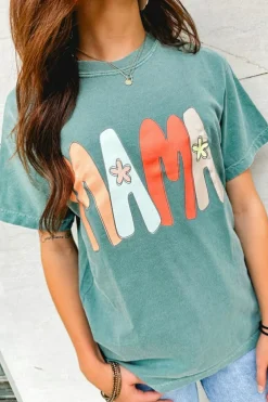 Fashion Dear-Lover MAMA Printed Mineral Wash Crewneck T Shirt Sea Green
