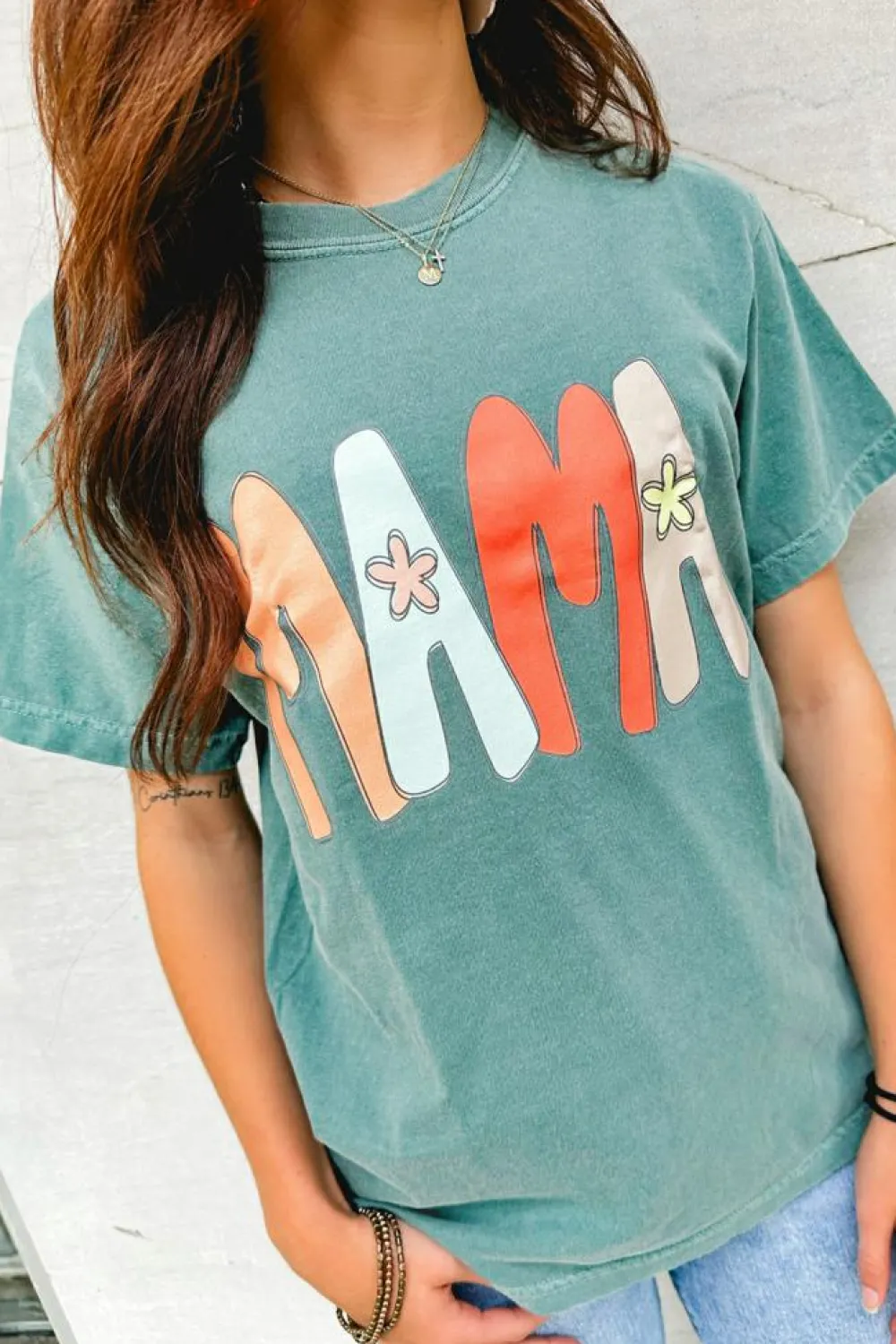 Fashion Dear-Lover MAMA Printed Mineral Wash Crewneck T Shirt Sea Green