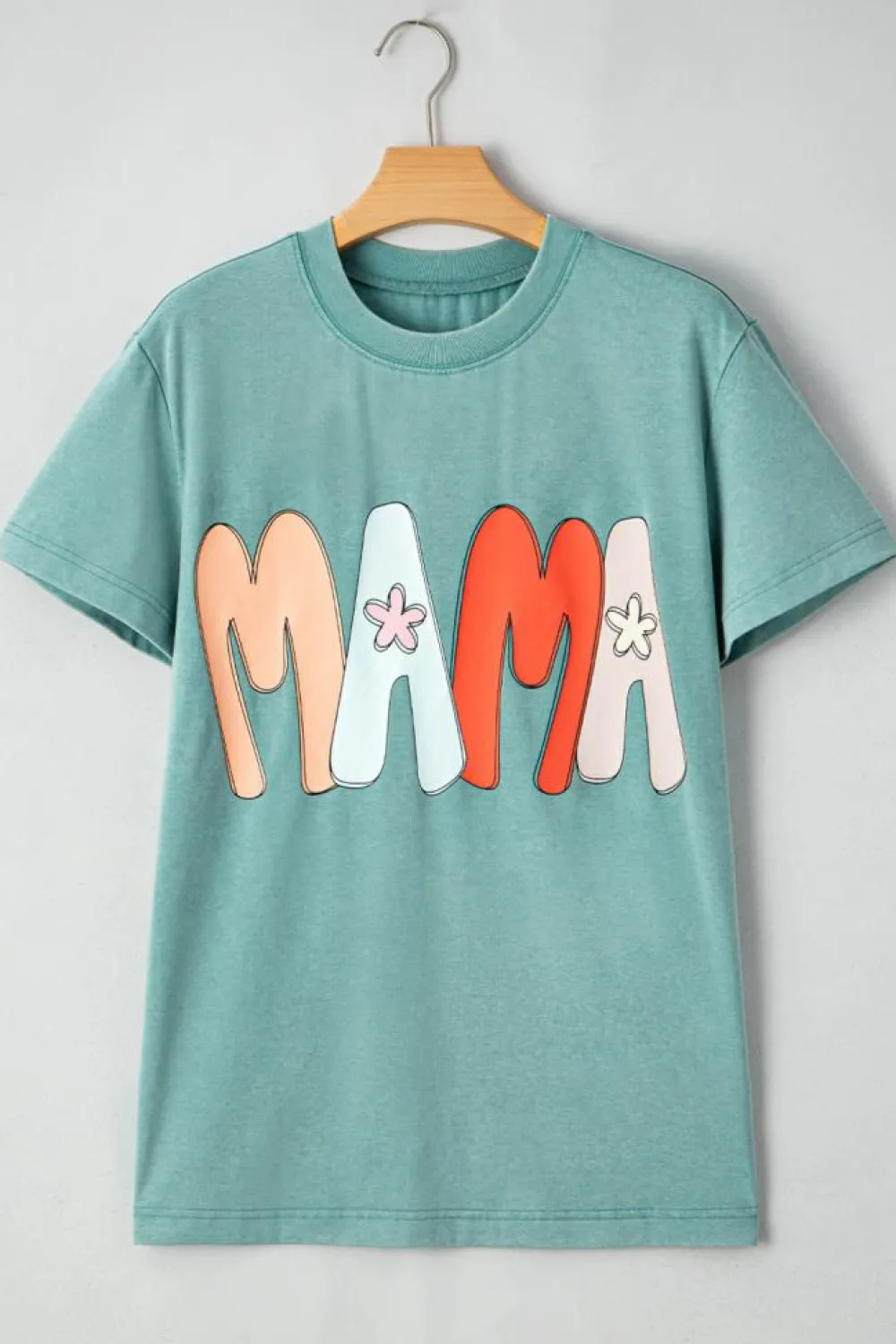Fashion Dear-Lover MAMA Printed Mineral Wash Crewneck T Shirt Sea Green