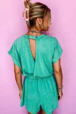 Online Dear-Lover Mineral Wash Drawstring Waist Hollow Out Back Short Sleeve Romper Sea Green