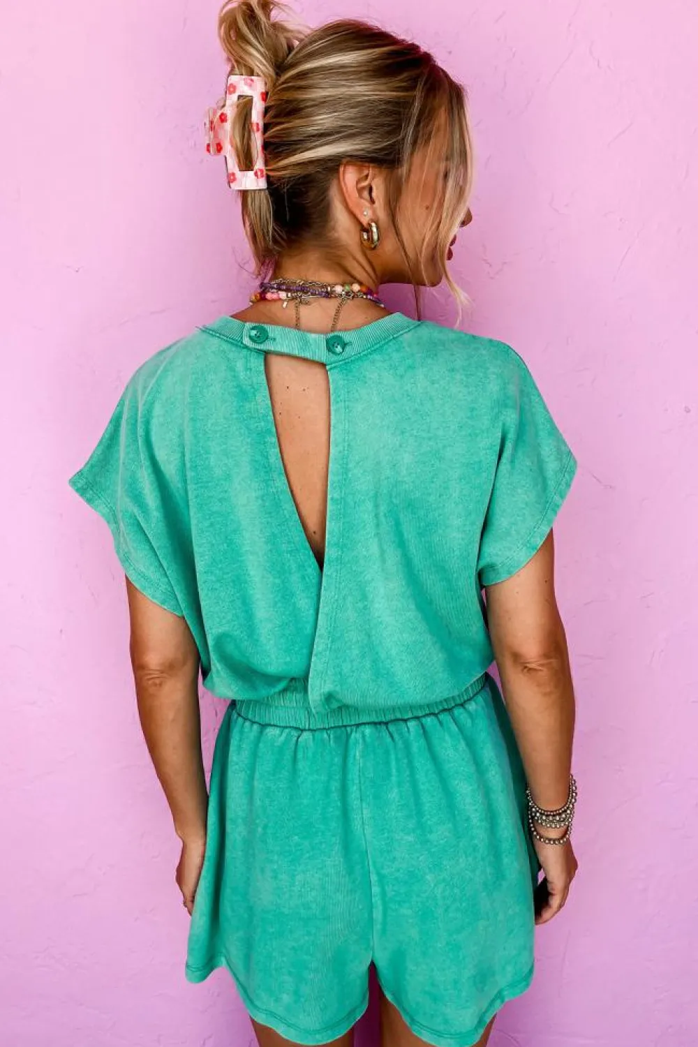 Online Dear-Lover Mineral Wash Drawstring Waist Hollow Out Back Short Sleeve Romper Sea Green