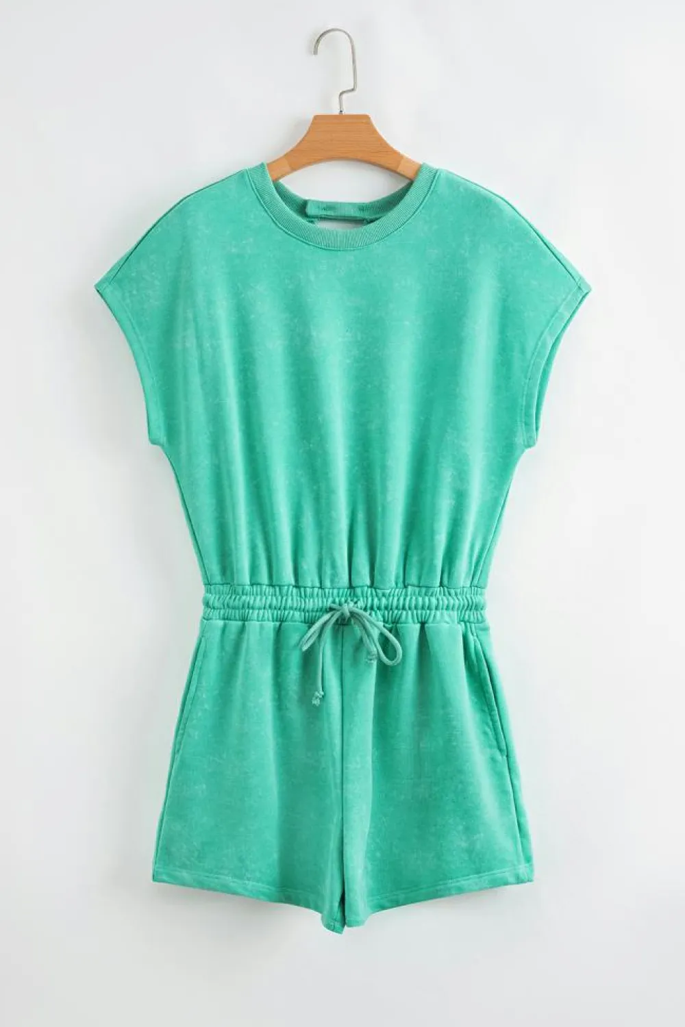 Online Dear-Lover Mineral Wash Drawstring Waist Hollow Out Back Short Sleeve Romper Sea Green