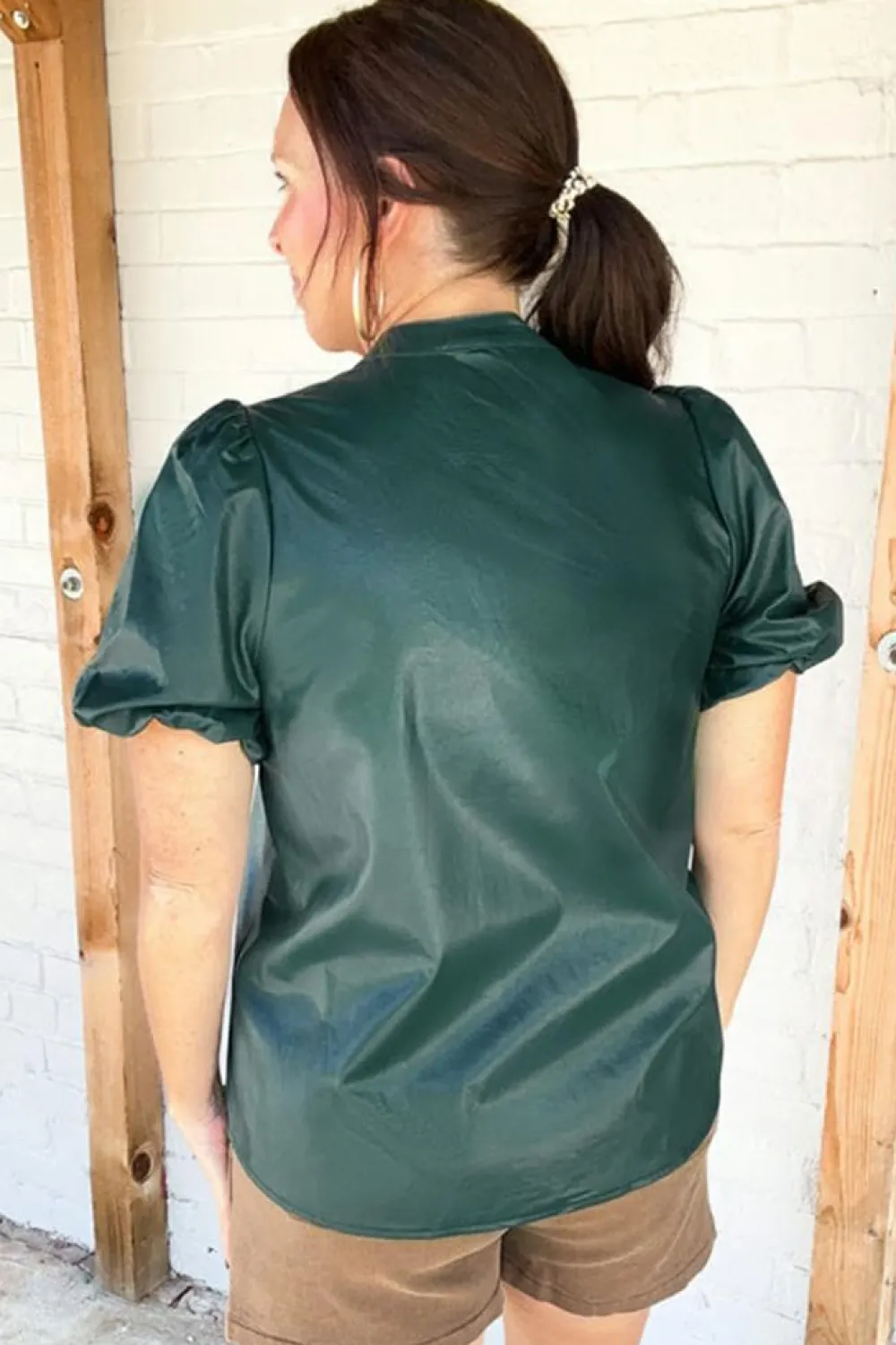 Hot Dear-Lover Notched V Neck Short Puff Sleeve PU Leather Blouse Sea Green