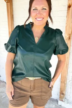 Hot Dear-Lover Notched V Neck Short Puff Sleeve PU Leather Blouse Sea Green