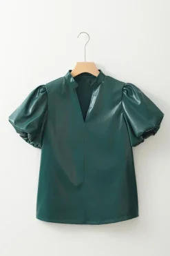 Hot Dear-Lover Notched V Neck Short Puff Sleeve PU Leather Blouse Sea Green