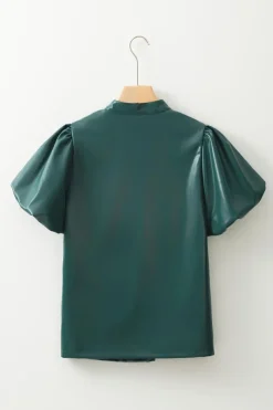 Hot Dear-Lover Notched V Neck Short Puff Sleeve PU Leather Blouse Sea Green