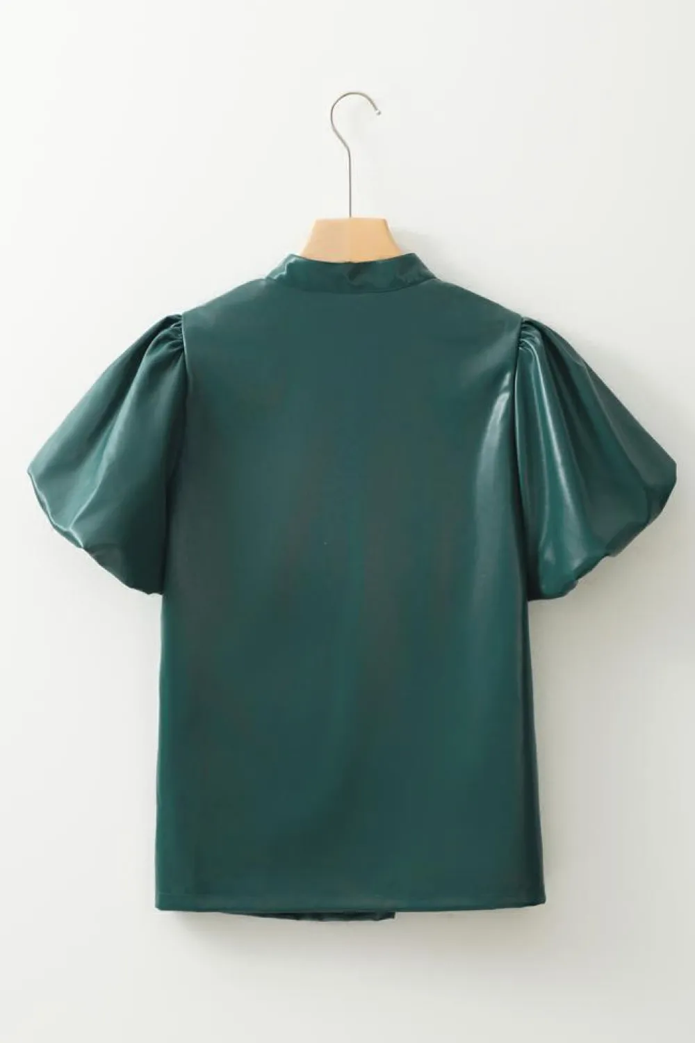 Hot Dear-Lover Notched V Neck Short Puff Sleeve PU Leather Blouse Sea Green