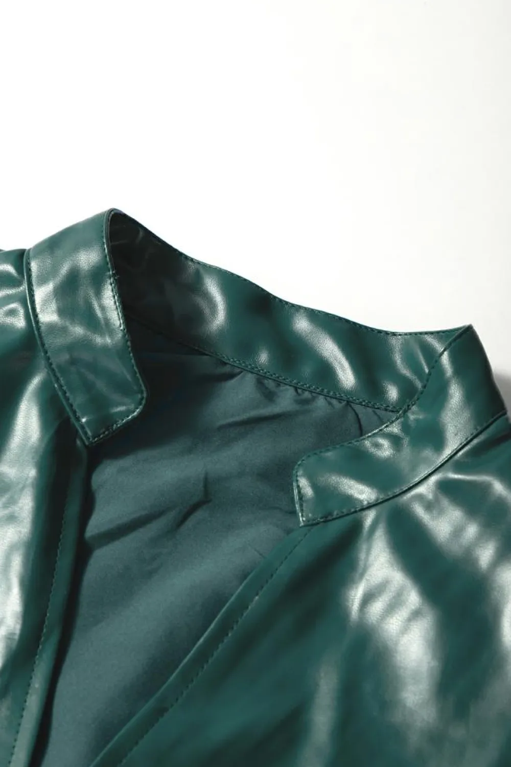 Hot Dear-Lover Notched V Neck Short Puff Sleeve PU Leather Blouse Sea Green