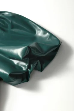 Hot Dear-Lover Notched V Neck Short Puff Sleeve PU Leather Blouse Sea Green