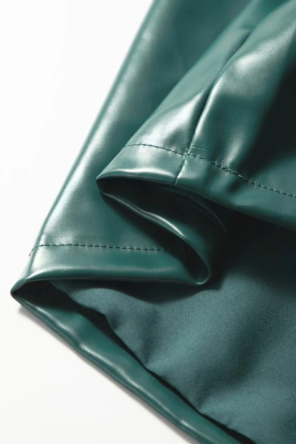 Hot Dear-Lover Notched V Neck Short Puff Sleeve PU Leather Blouse Sea Green