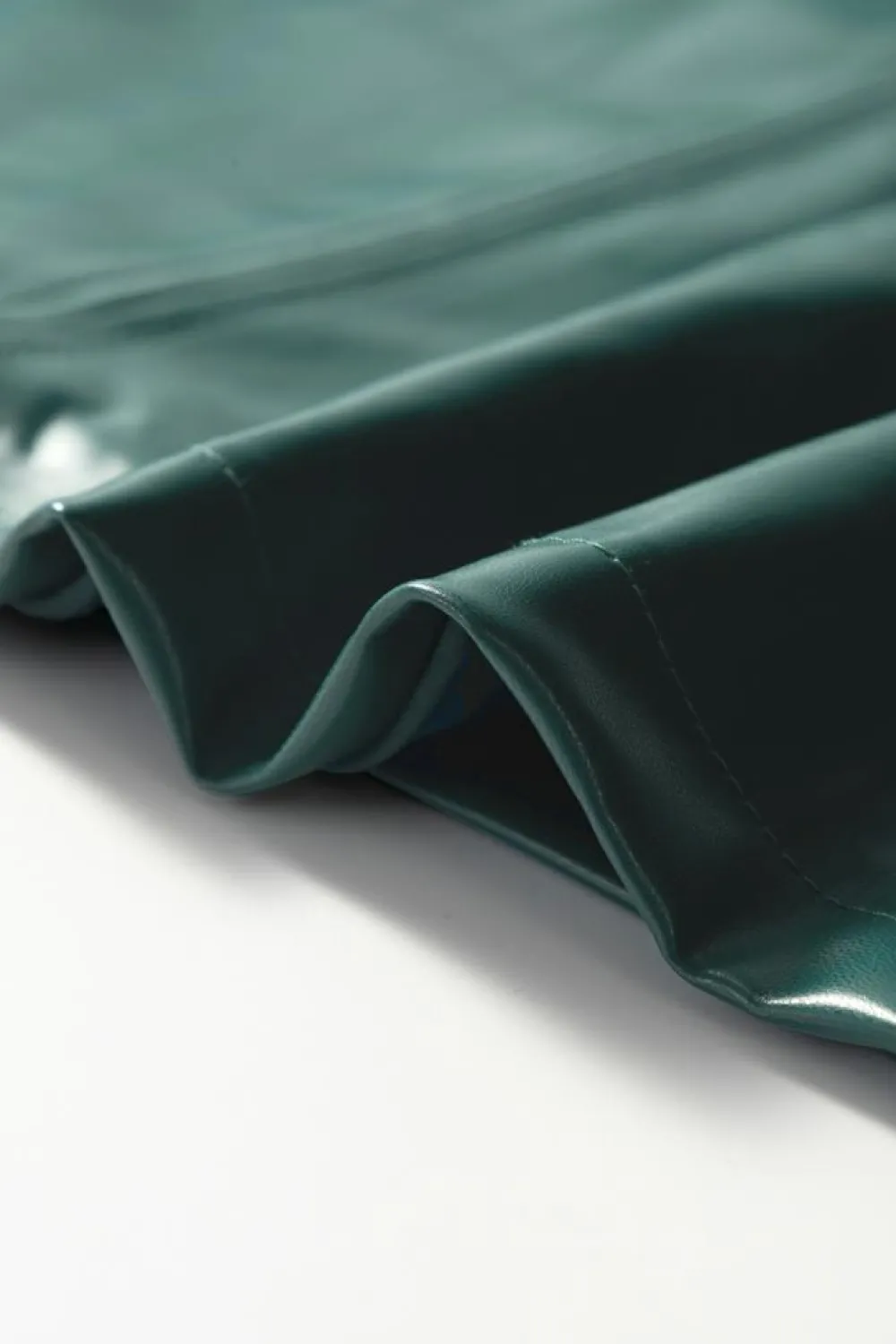 Hot Dear-Lover Notched V Neck Short Puff Sleeve PU Leather Blouse Sea Green