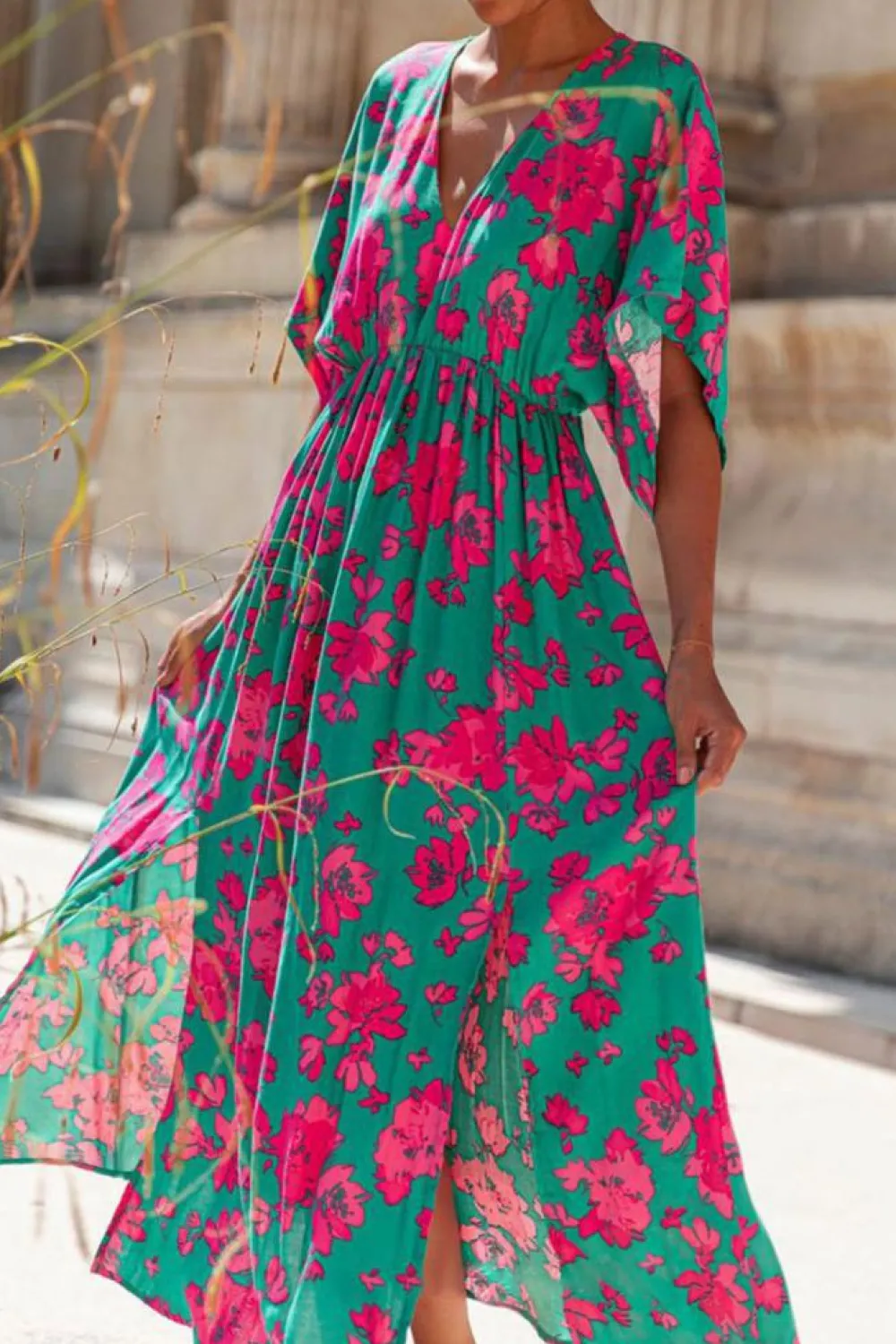 New Dear-Lover Printed V Neck Short Sleeve Split Flared Maxi Dress Sea Green