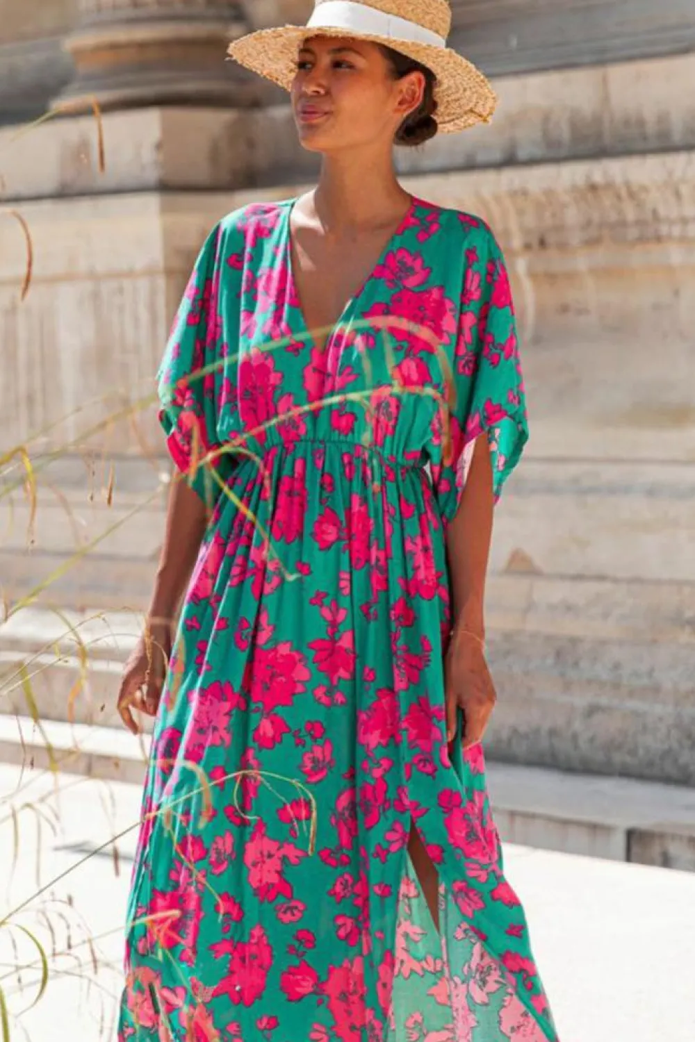 New Dear-Lover Printed V Neck Short Sleeve Split Flared Maxi Dress Sea Green
