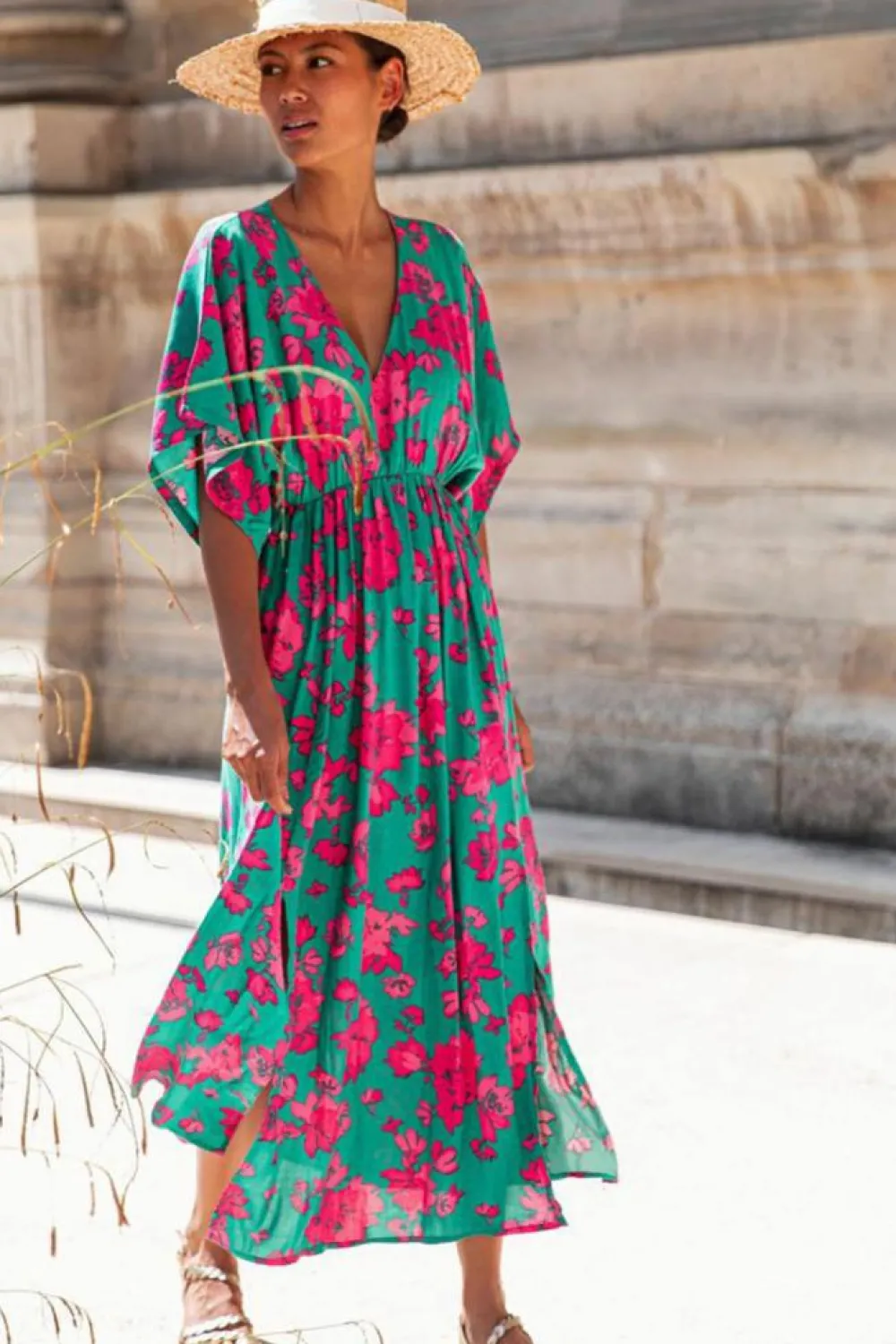 New Dear-Lover Printed V Neck Short Sleeve Split Flared Maxi Dress Sea Green