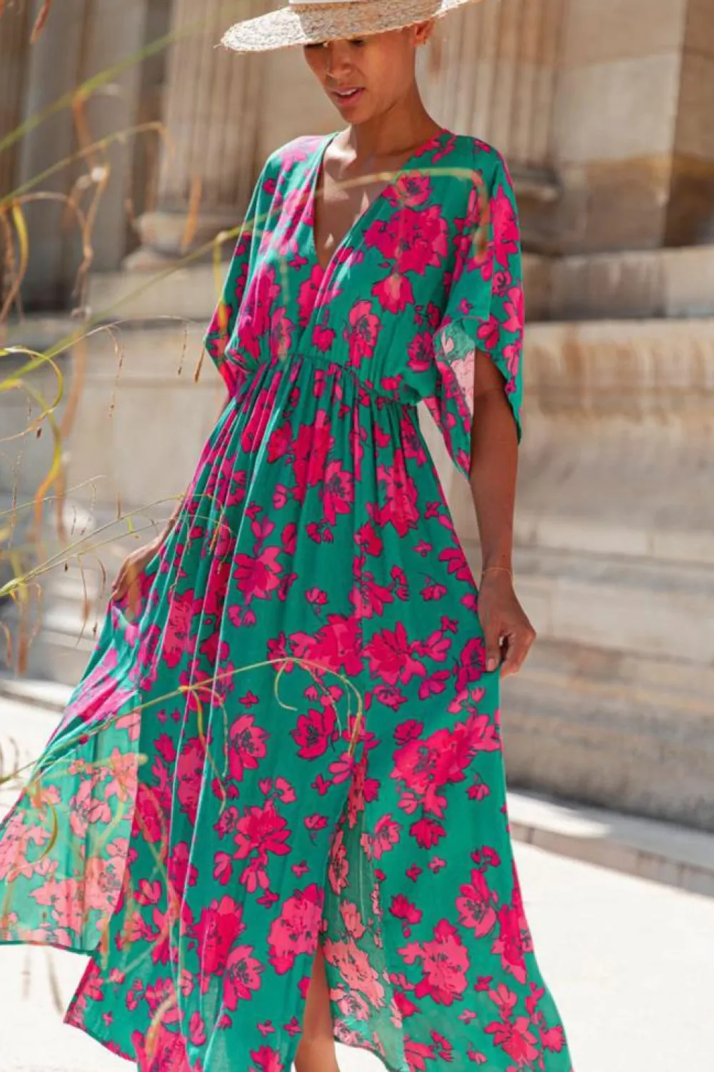 New Dear-Lover Printed V Neck Short Sleeve Split Flared Maxi Dress Sea Green