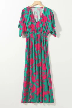 New Dear-Lover Printed V Neck Short Sleeve Split Flared Maxi Dress Sea Green