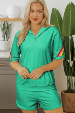 Sale Dear-Lover Rainbow Colorblock Collared Short Sleeve Top 2 Piece Shorts Set Sea Green