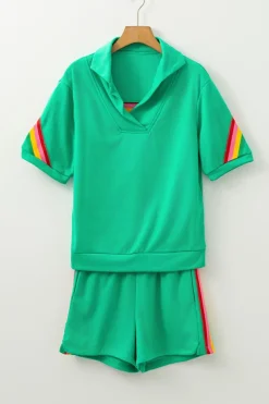 Sale Dear-Lover Rainbow Colorblock Collared Short Sleeve Top 2 Piece Shorts Set Sea Green