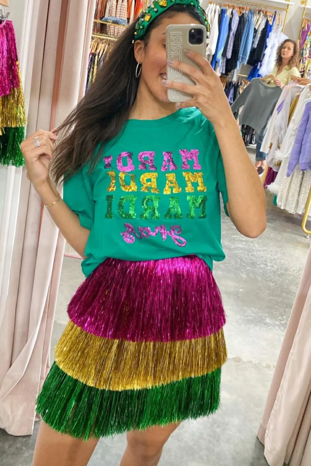 Sale Dear-Lover Sequin Mardi Gras Letter Graphic T Shirt Sea Green