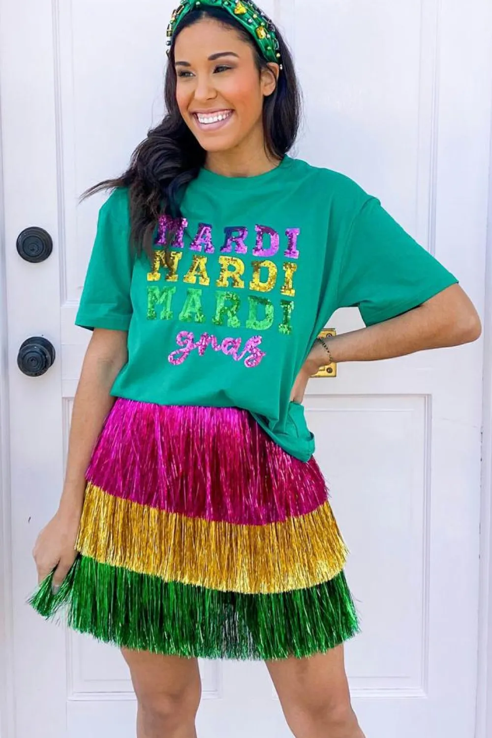 Sale Dear-Lover Sequin Mardi Gras Letter Graphic T Shirt Sea Green