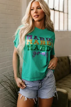 Sale Dear-Lover Sequin Mardi Gras Letter Graphic T Shirt Sea Green