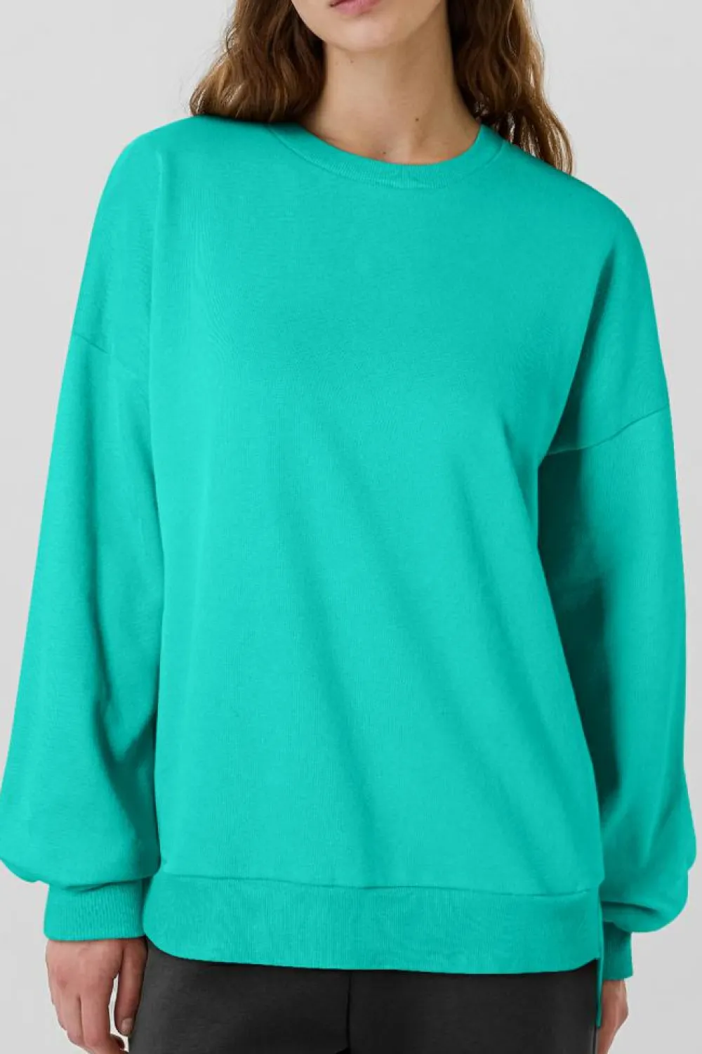 Discount Dear-Lover Solid Fleece Lined Drop Shoulder High Low Sweatshirt Sea Green