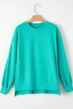 Discount Dear-Lover Solid Fleece Lined Drop Shoulder High Low Sweatshirt Sea Green