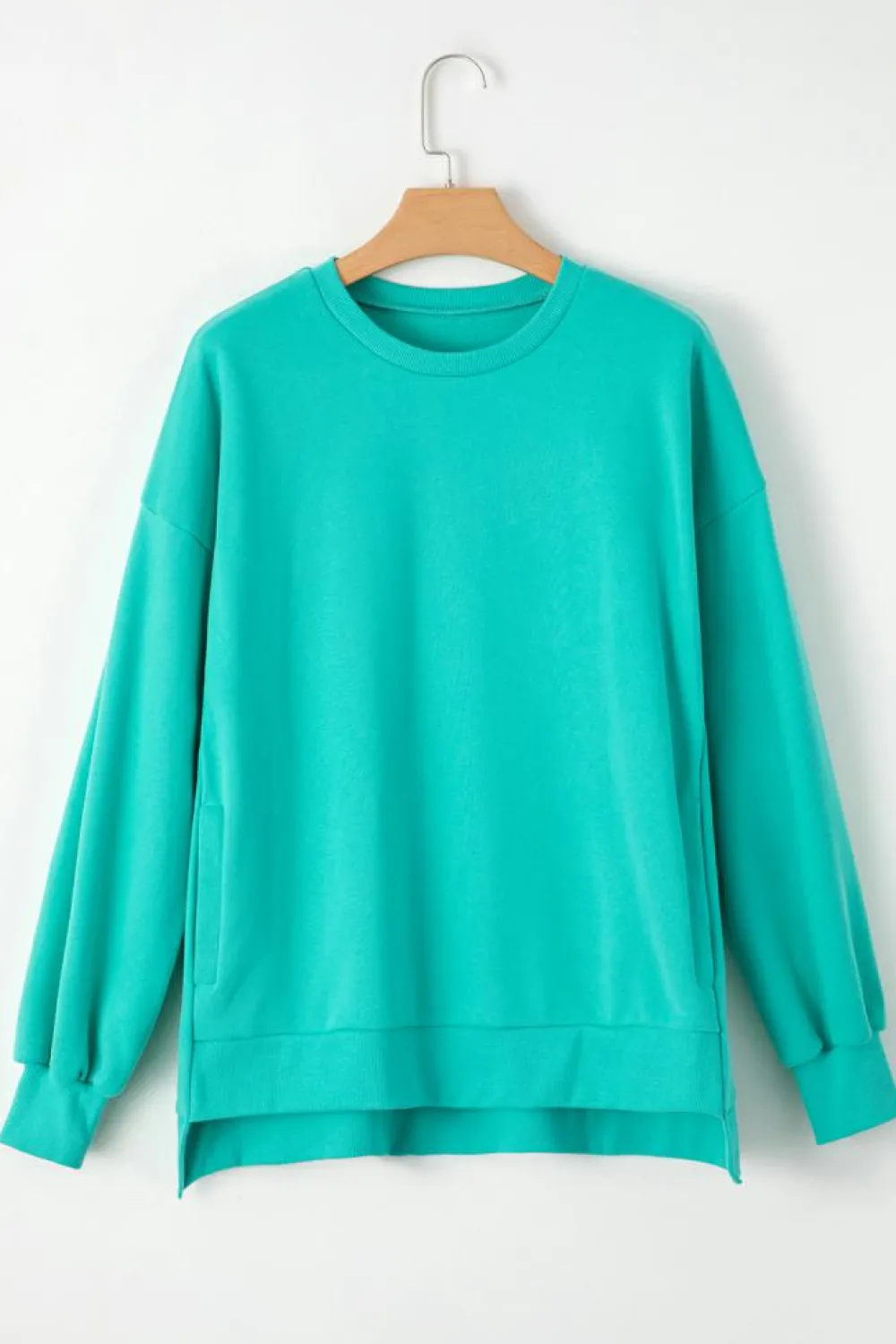 Discount Dear-Lover Solid Fleece Lined Drop Shoulder High Low Sweatshirt Sea Green