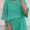 Discount Dear-Lover Solid Loose V Neck Half Sleeve Tee and Shorts Sea Green
