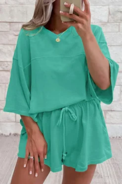 Discount Dear-Lover Solid Loose V Neck Half Sleeve Tee and Shorts Sea Green