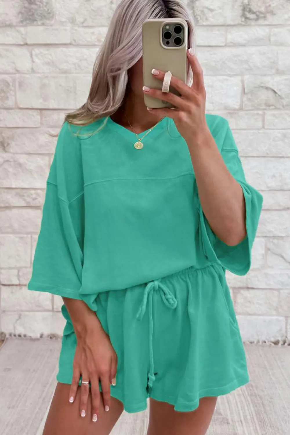 Discount Dear-Lover Solid Loose V Neck Half Sleeve Tee and Shorts Sea Green