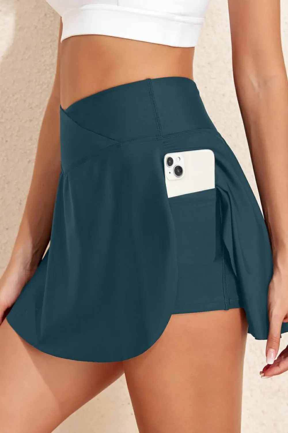 Best Dear-Lover Solid Pocketed Crossover High Waist Swim Skort Sea Green