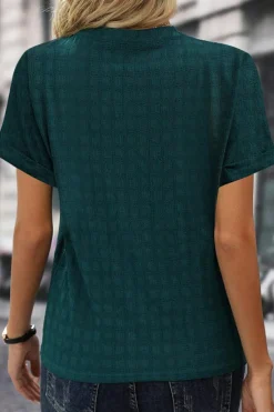 Online Dear-Lover Solid Textured Split Neck Short Sleeve Blouse Sea Green