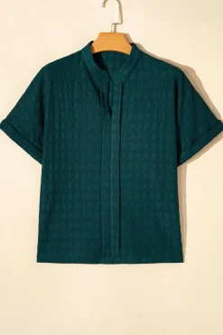 Online Dear-Lover Solid Textured Split Neck Short Sleeve Blouse Sea Green