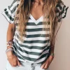Discount Dear-Lover Striped V Neck Ruffle Sleeve Top Sea Green