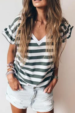 Discount Dear-Lover Striped V Neck Ruffle Sleeve Top Sea Green