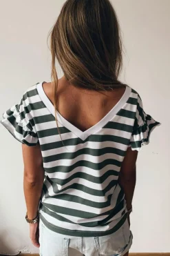 Discount Dear-Lover Striped V Neck Ruffle Sleeve Top Sea Green