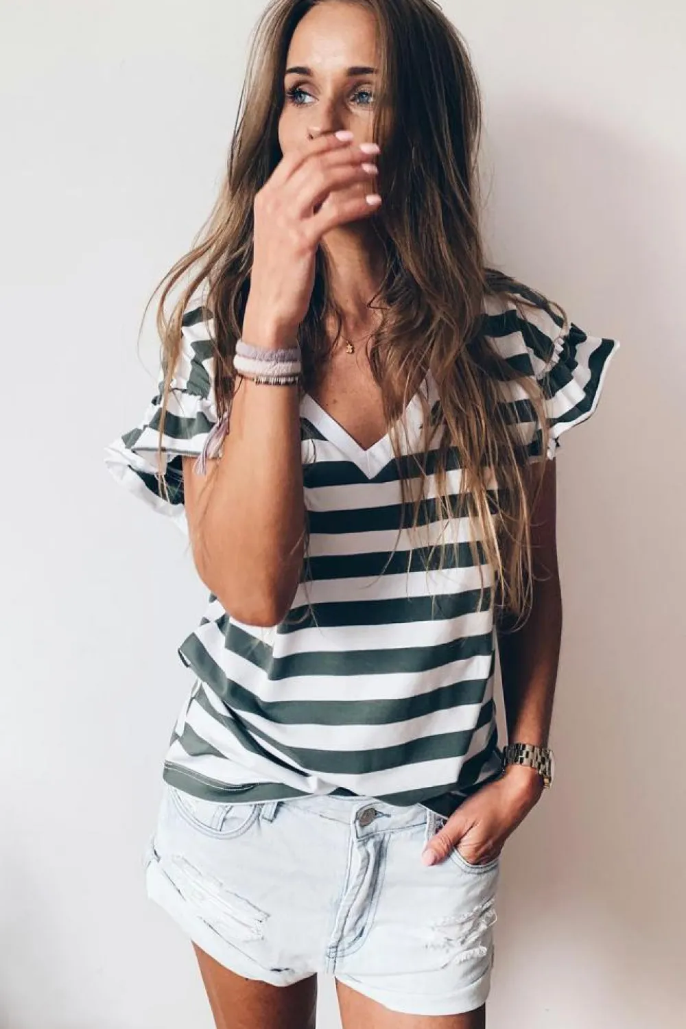 Discount Dear-Lover Striped V Neck Ruffle Sleeve Top Sea Green